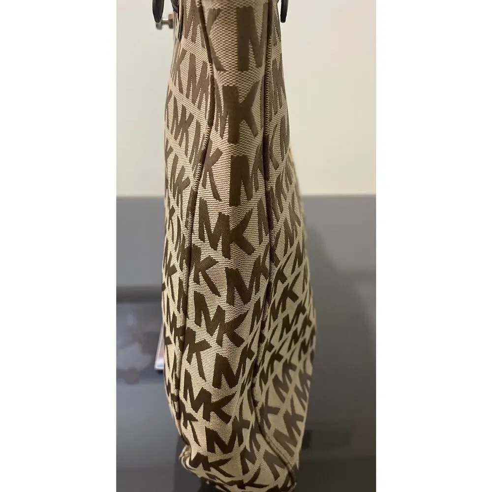 Michael Kors Jet Set MK Logo Brown Beige Canvas Tote Bag Purse